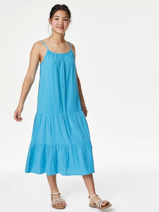 Marks & Spencer Girls Tiered Gathered Pure Cotton A-Line Midi Dress