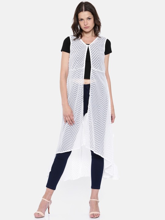 White Self-Design Button High-Low Hem Shrug XS