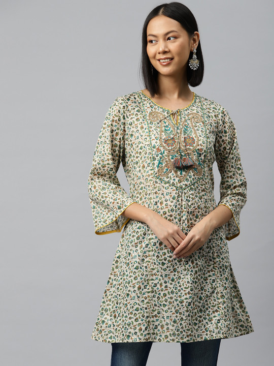 Nayam By Lakshita Floral Printed Tie-Up Neck Flared Sleeves Sequinned Pure Cotton Kurti