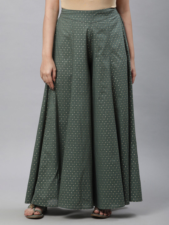 AURELIA Ethnic Motifs Printed Pure Cotton Flared Palazzos