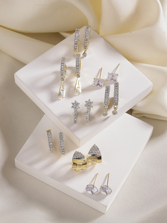 DressBerry Set of 8 White Gold-Plated American Diamond Contemporary Studs Earrings