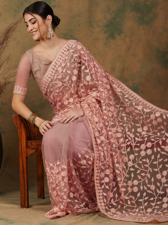 Sangria Peach-Coloured Floral Embroidered Net Saree