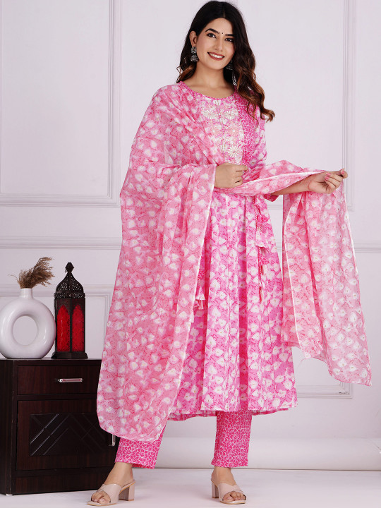 KALINI Floral Printed Thread Work Pure Cotton Anarkali Kurta with Trousers And Dupatta
