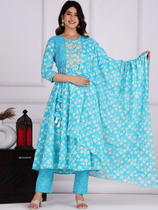 KALINI Abstract Printed Thread Work Pure Cotton Kurta & Trousers With Dupatta