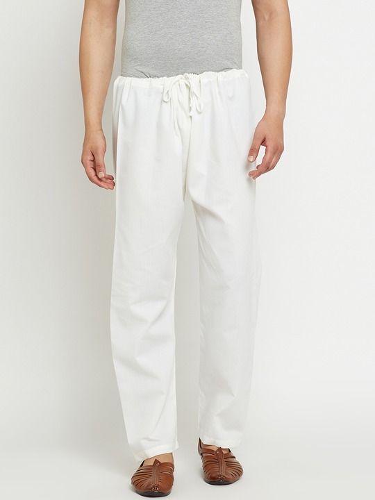 Men Off-white Solid Dupion Silk Pyjamas