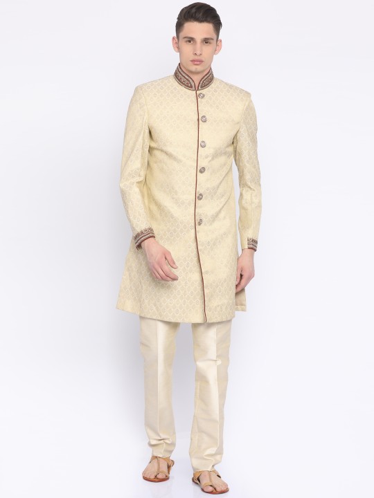 Men Cream-Coloured Patterned Sherwani XS