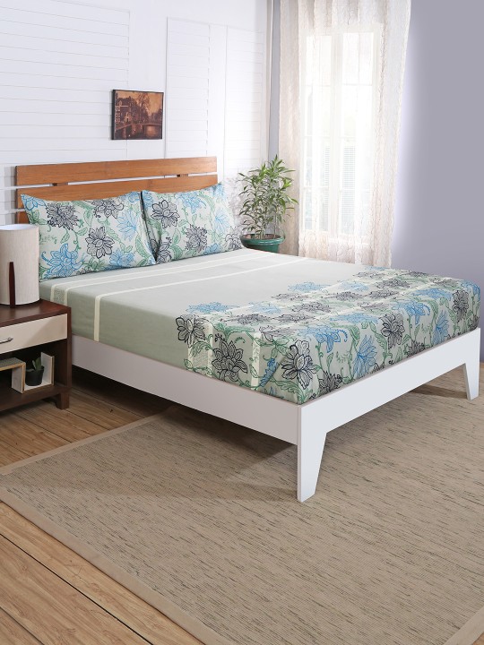 Blue Floral Flat 210 TC Cotton 1 Queen Bedsheet with 2 Pillow Covers