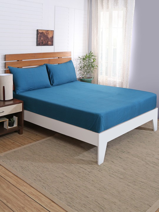 Blue Striped Flat 210 TC Cotton 1 King Bedsheet with 2 Pillow Covers
