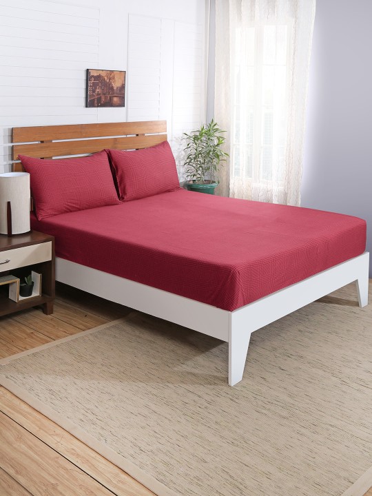 Red Floral Flat 210 TC Cotton 1 Queen Bedsheet with 2 Pillow Covers