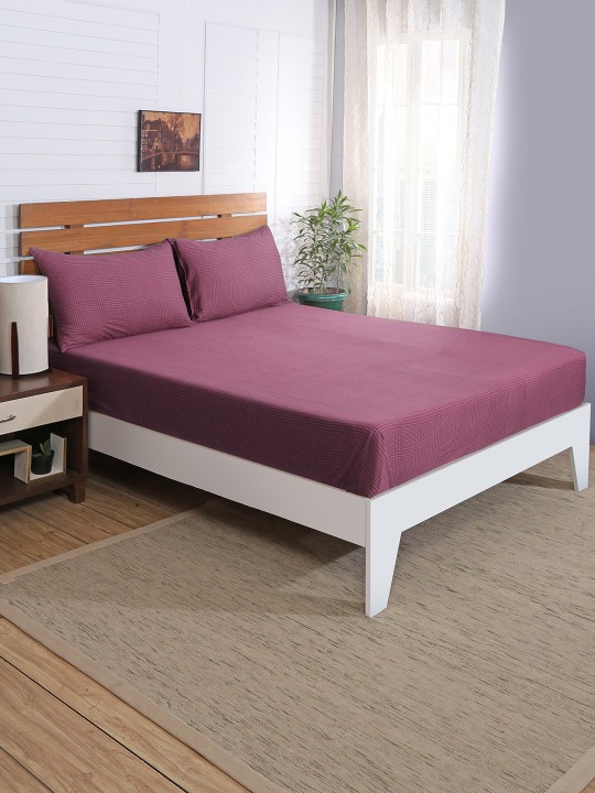 Purple Striped Flat 210 TC Cotton 1 King Bedsheet with 2 Pillow Covers