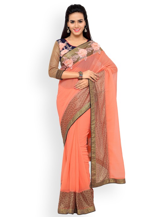 Peach-Coloured Embellished Poly Chiffon Saree