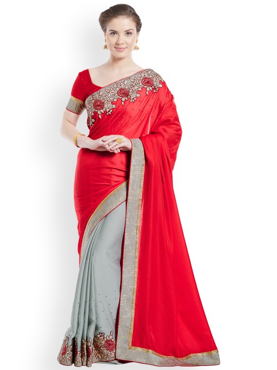 Red & Grey Satin Embellished Saree