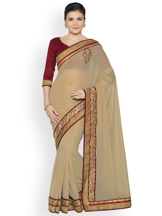 Beige Embellished Poly Silk Saree