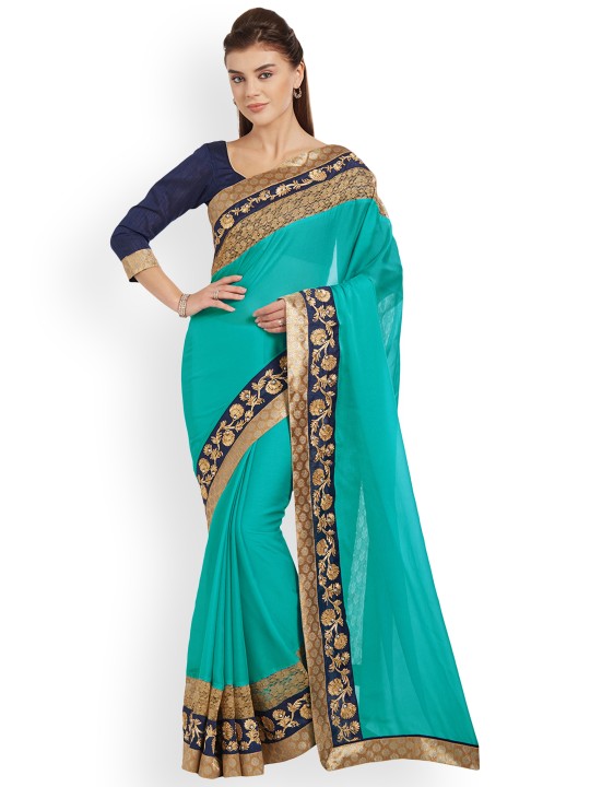 Green Embellished Poly Chiffon Saree