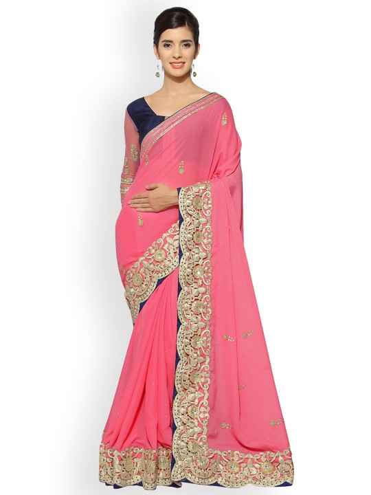 Pink Embellished Poly Georgette Saree