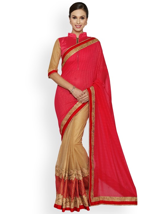 Red & Beige Poly Georgette Embellished Saree