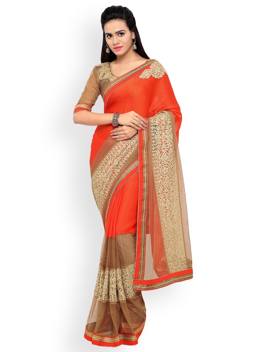 Orange Embellished Poly Chiffon Saree