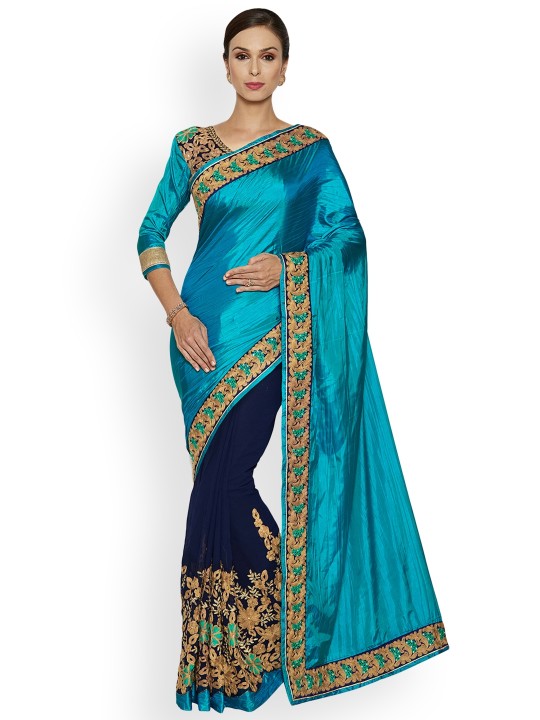 Turquoise Blue Poly Silk Embellished Saree
