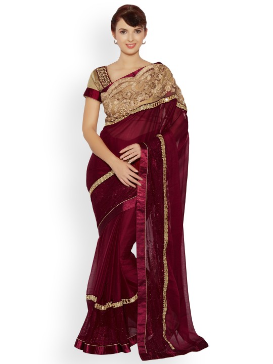 Maroon Embellished Poly Chiffon Saree