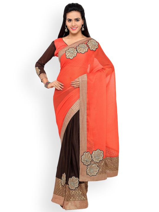Brown & Coral Poly Chiffon Embellished Saree