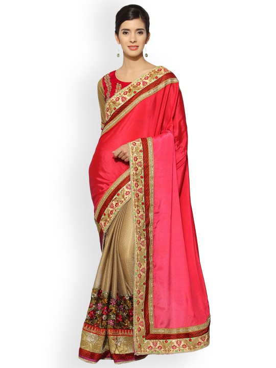 Gold-Toned & Pink Poly Silk Embellished Saree
