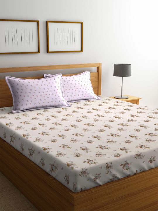 Cream-Coloured Floral Flat 160 TC Cotton 1 Queen Bedsheet with 2 Pillow Covers