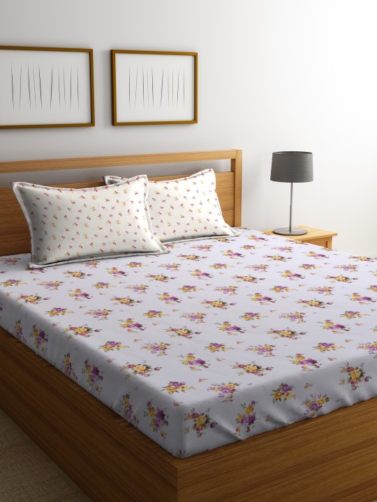 Off-White Floral Flat 160 TC Cotton 1 Queen Bedsheet with 2 Pillow Covers