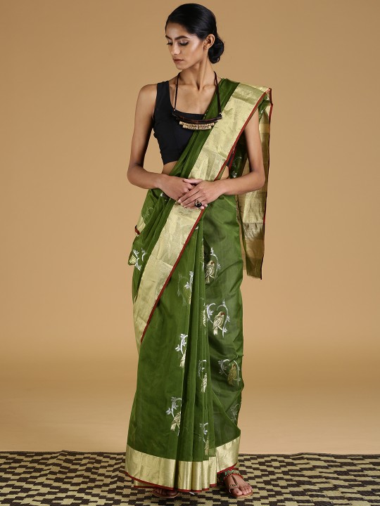 Green Cotton Blend Woven Design Chanderi Saree