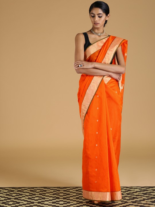 Orange Silk Cotton Woven Design Chanderi Saree