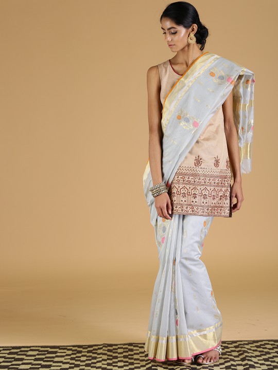Grey Silk Cotton Woven Design Chanderi Saree