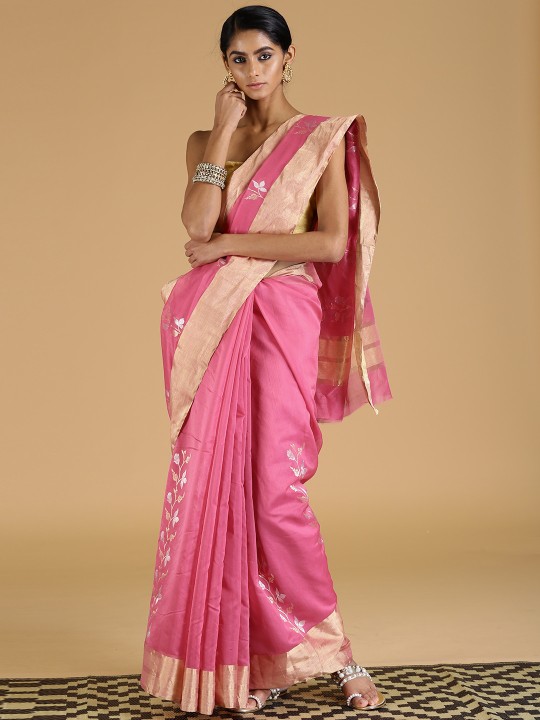 Pink Silk Cotton Chanderi Saree