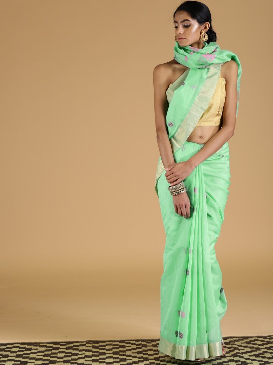 Green Pure Cotton Woven Design Chanderi Saree