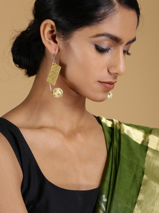 Beige & Silver-Toned Handcrafted Drop Earrings
