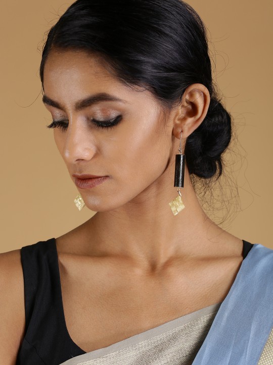 Black & Beige Geometric Drop Earrings