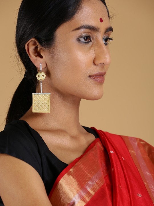 Beige & Silver-Toned Handcrafted Drop Earrings