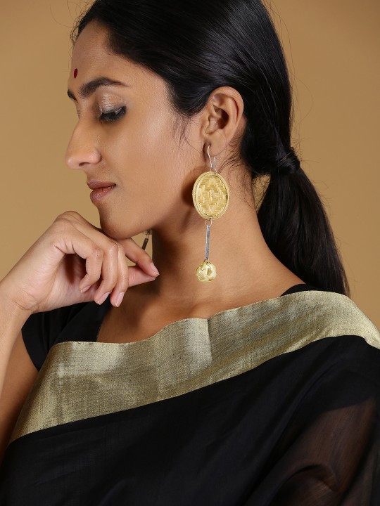 Beige & Silver-Toned Handcrafted Drop Earrings