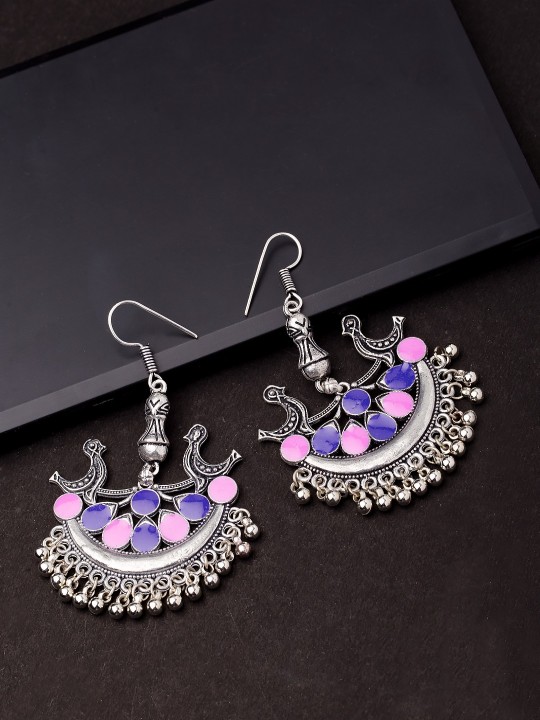 Silver-Toned & Pink Crescent Shaped Chandbalis