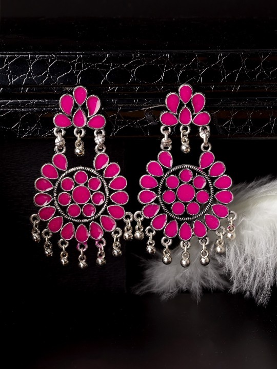 Silver-Toned & Pink Circular Drop Earrings