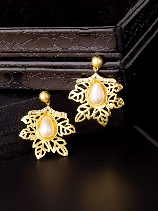 Gold-Toned & White Leaf Shaped Studs