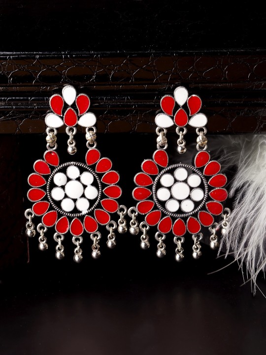 Silver-Toned & Red Circular Drop Earrings