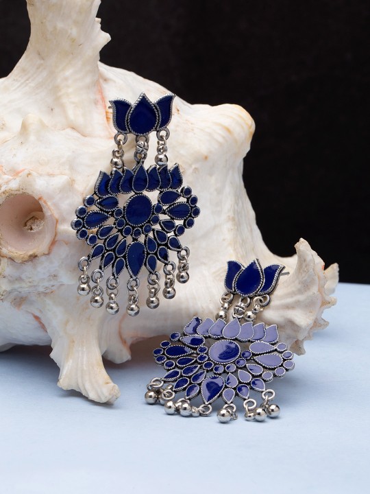 Silver-Toned & Blue Floral Drop Earrings