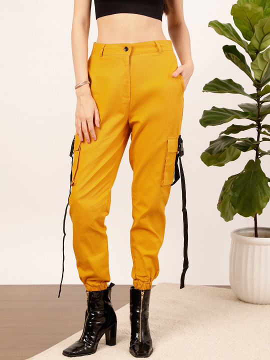 STREET 9 Women Mustard Yellow Relaxed Fit High-Rise Pure Cotton Cargo Trousers
