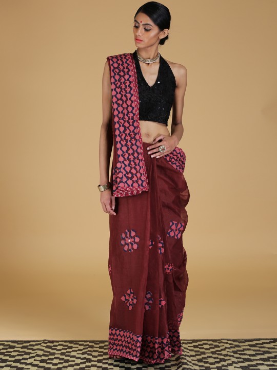 Maroon Patchwork Pure Katau Cotton Saree