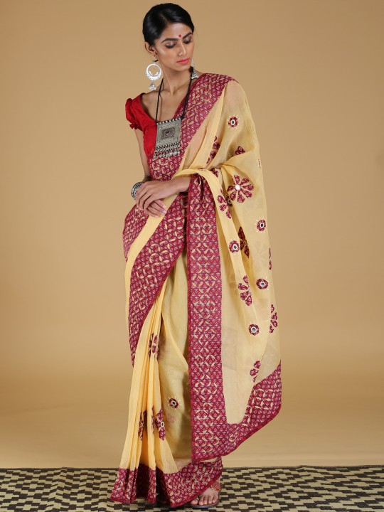 Mustard Yellow Patchwork Pure Cotton Katau Saree
