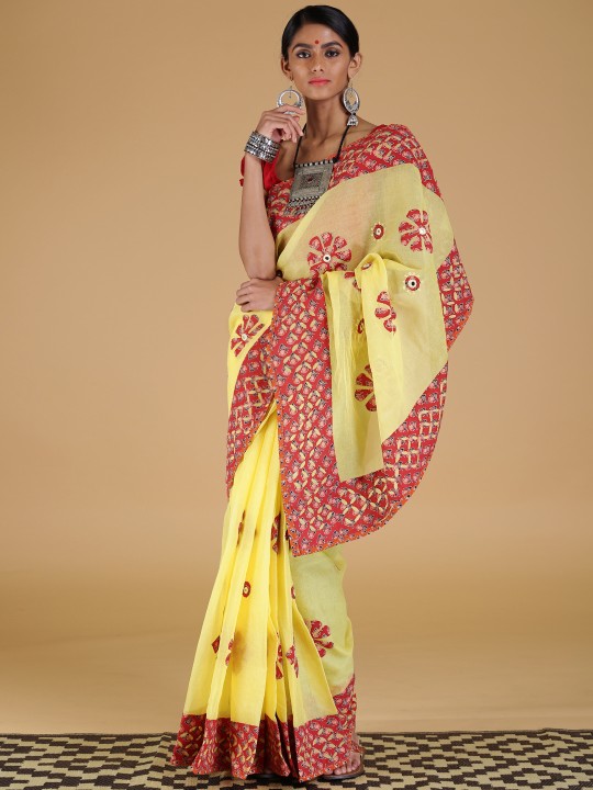 Yellow & Maroon Pure Cotton Patchwork Katau Saree