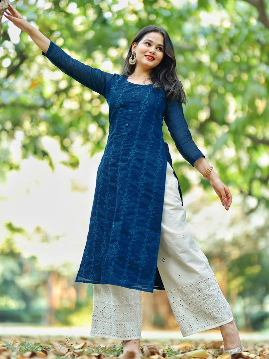 Libas Floral Embroidered Chanderi Silk Kurta