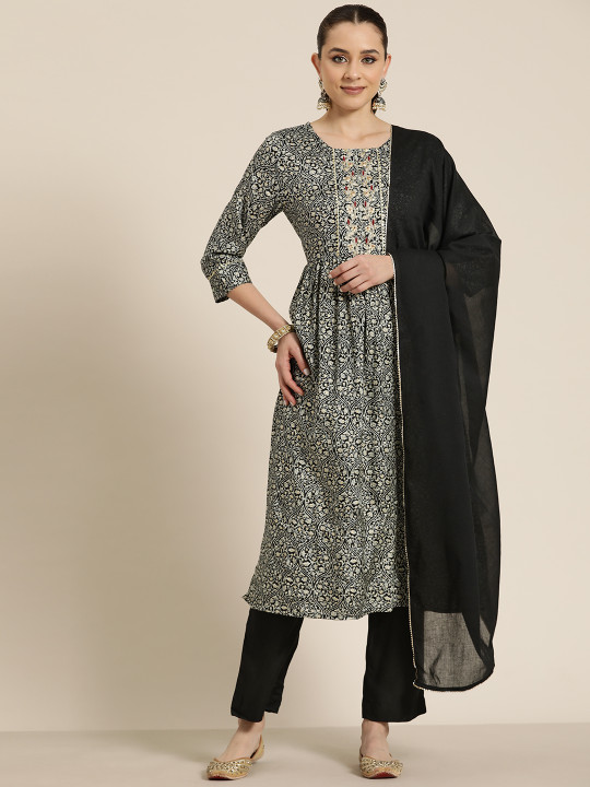 HERE&NOW Floral Print Pleated Gotta Patti Kurta with Trousers & Dupatta