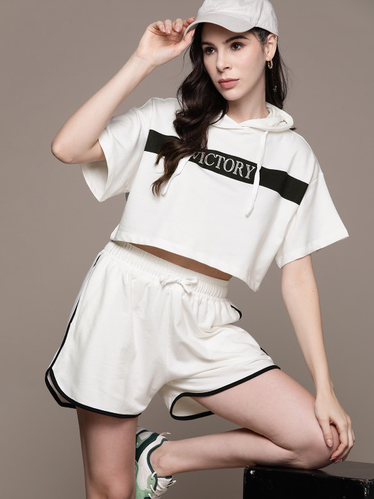 Roadster The Lifestyle Co. Women Drop-Shoulder Sleeves Crop Hoodie Sweatshirt With Shorts