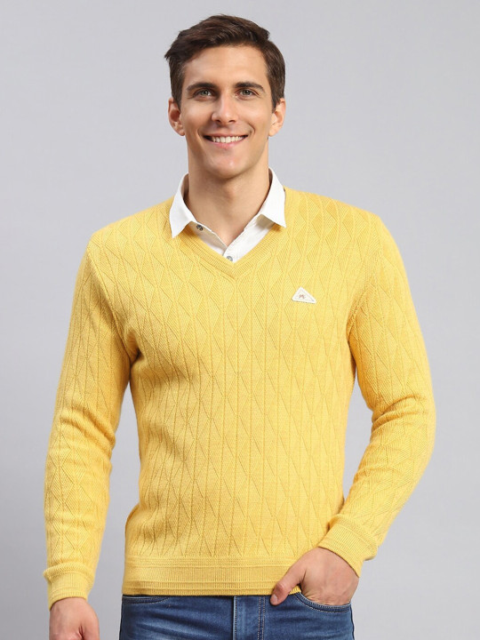 Monte Carlo Cable Knit Self Design V-Neck Pullover Sweater