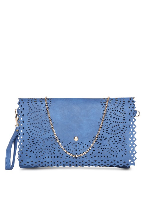 Blue Solid Cut Work Foldover Clutch